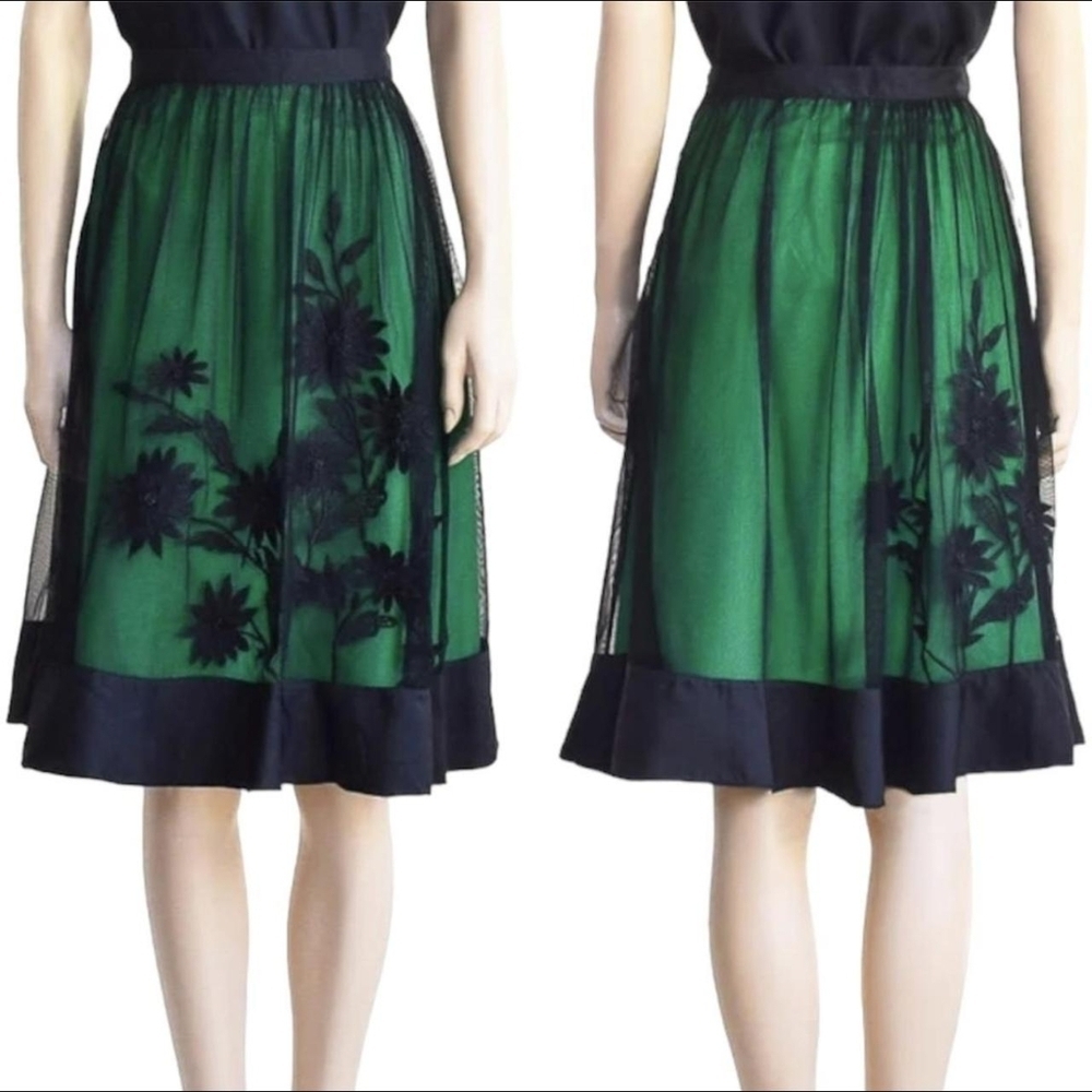 Sz 0 Lithe x Anthropologie Green Layered A-line Swing Silk Lined Skirt